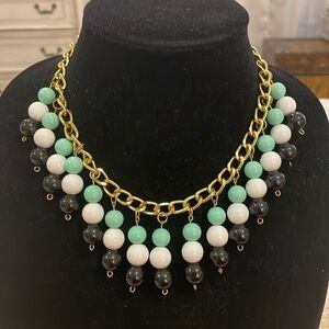 Vintage Gold Tone Beaded Green White Black Pendant Choker Collar Necklace